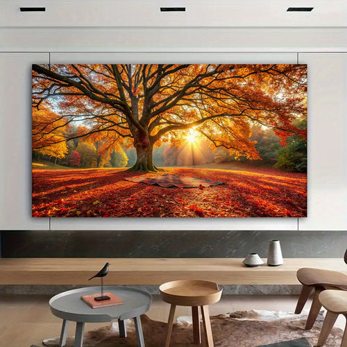 Autumn Tree Sunrise Canvas Wall Art, Golden Light through Orange Leaves in a Peaceful Park — artwork and room preview