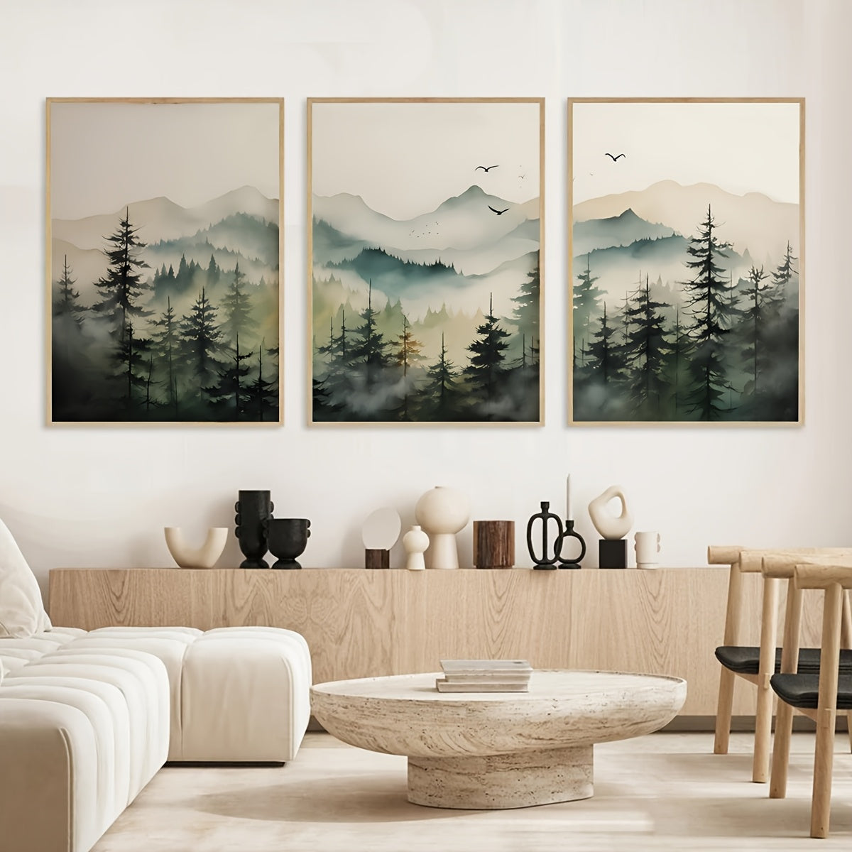 Green Forest Mountain Canvas Wall Art Set of 3, Watercolor Woodland Landscape for Living Room or Nursery — artwork and room preview