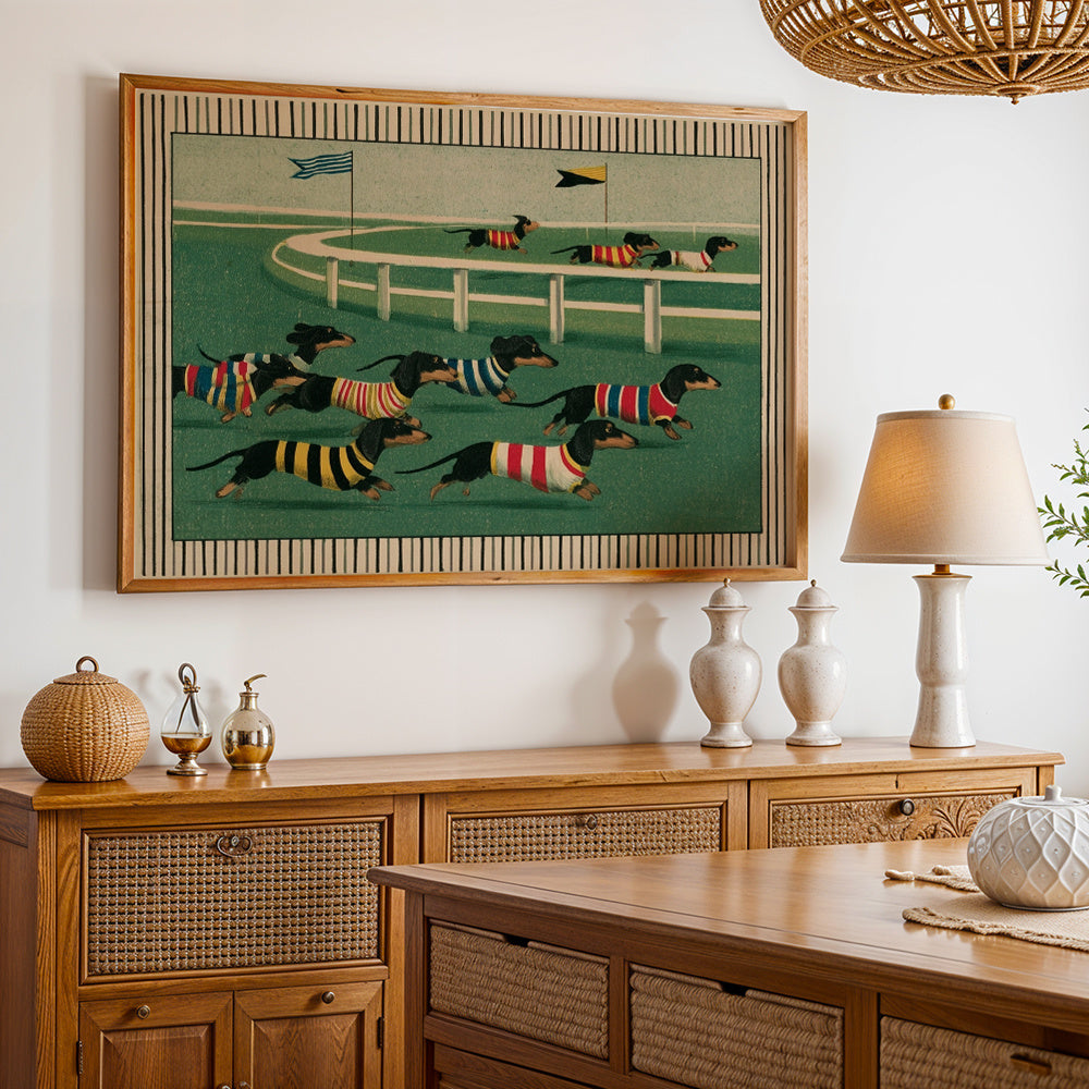 Dachshund Race Canvas Wall Art, Playful Running Dogs in Colorful Jerseys on a Retro Green Track — artwork and room preview