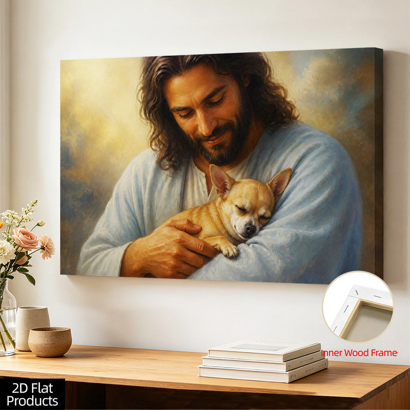 Jesus Holding a Chihuahua Canvas Wall Art, Gentle Christian Pet Portrait in Warm Realistic Colors — artwork and room preview