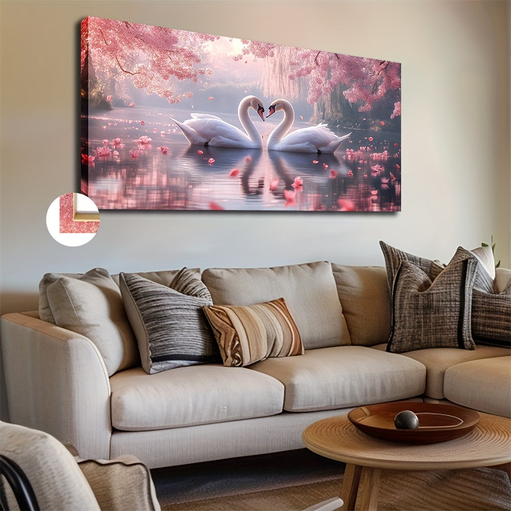Romantic Swan Canvas Wall Art, White Swan Pair on Pink Blossom Water for Bedroom Decor — artwork and room preview