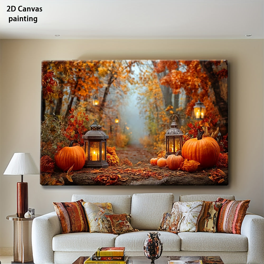 Autumn Forest Canvas Wall Art, Pumpkins and Glowing Lanterns along a Warm Fall Woodland Path — artwork and room preview