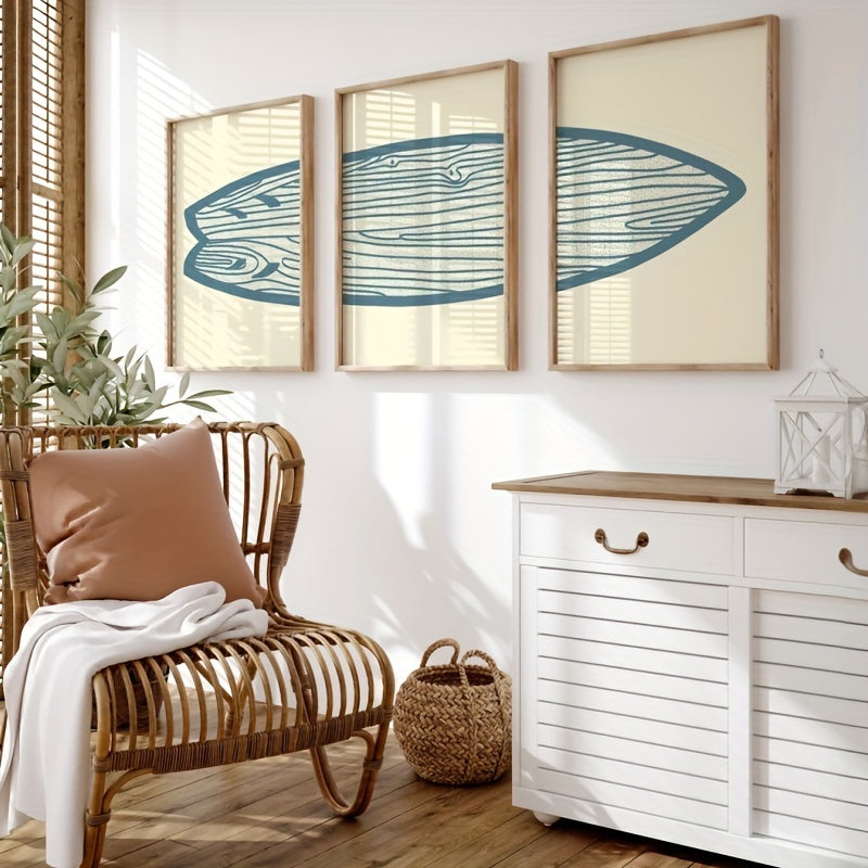 Surfboard Canvas Wall Art Set of 3, Blue Woodgrain Line Print for Boho Beach House Bedroom Decor — artwork and room preview