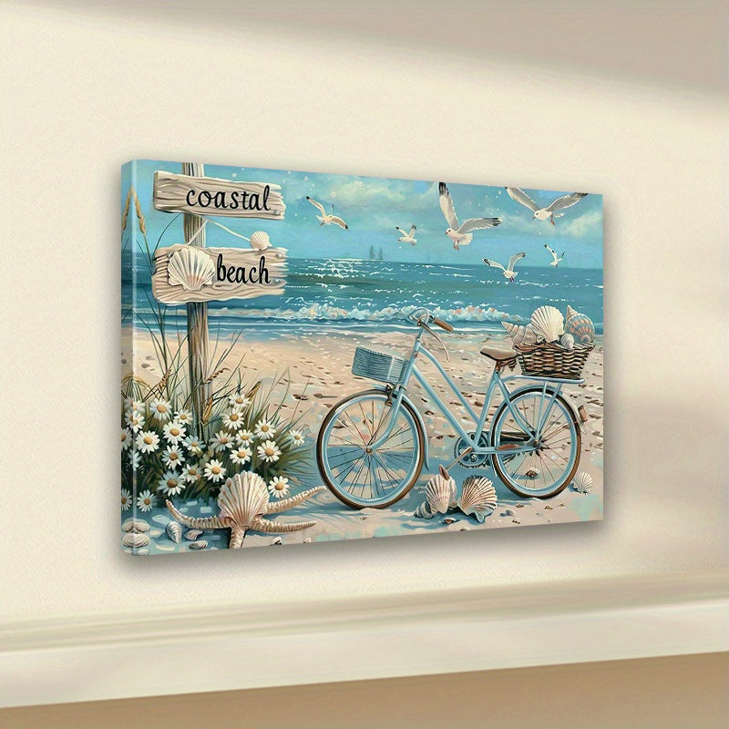 Coastal Bicycle Canvas Wall Art, Blue Beach Bike Seashells and Ocean Scene for Bedroom — artwork and room preview