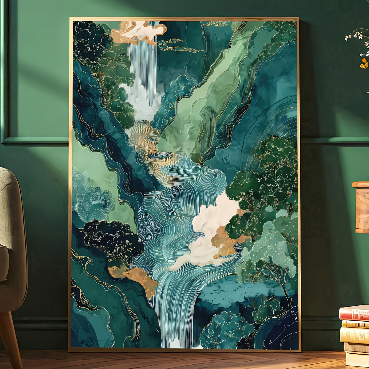 Japanese Waterfall Canvas Wall Art, Ukiyo E Style Green and Teal Mountain Landscape Print — artwork and room preview