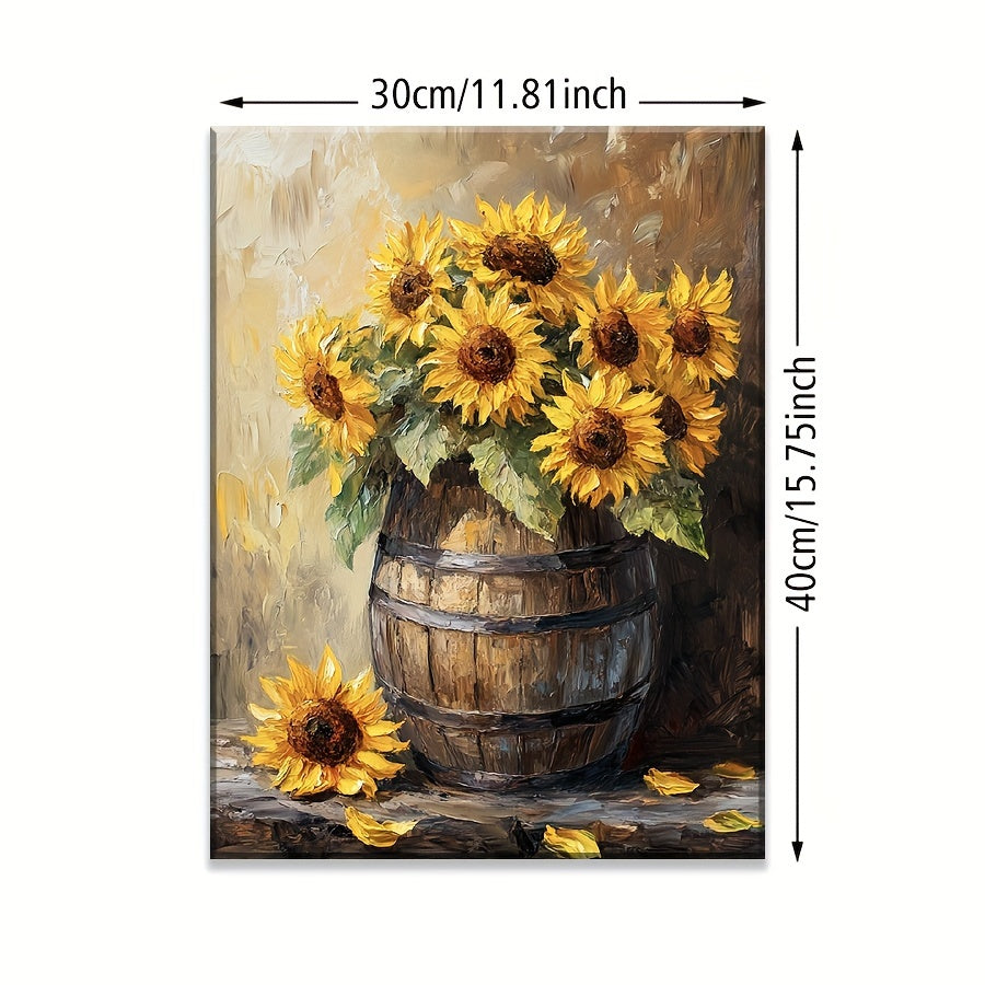 Sunflowers in a Wooden Barrel Canvas Wall Art, Yellow Floral Still Life in a Rustic Painterly Style — artwork and room preview