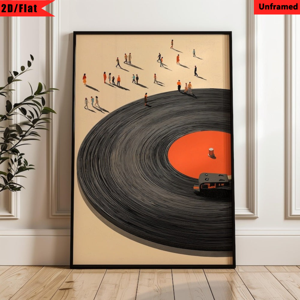 Vinyl Record Canvas Wall Art, Retro Music Print with Tiny Figures in a Minimalist Beige and Black Style — artwork and room preview