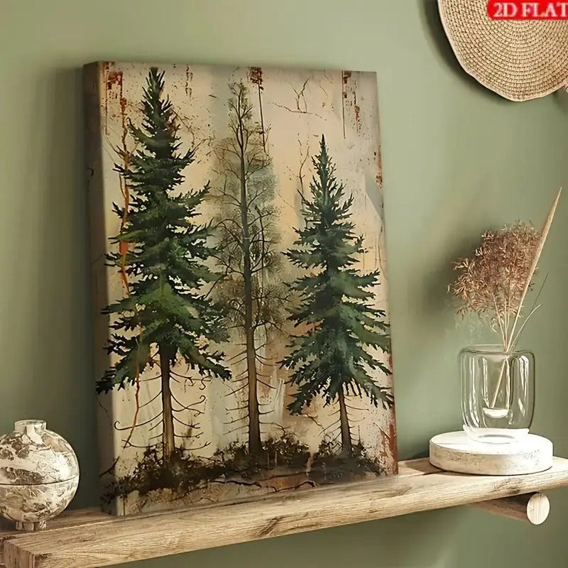 Abstract Pine Tree Canvas Wall Art, Muted Green Forest on a Vintage Beige Background — artwork and room preview
