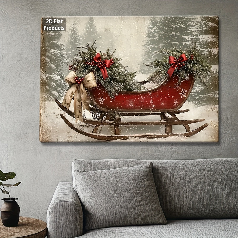 Vintage Christmas Sleigh Canvas Wall Art, Red Sleigh and Evergreen Branches in a Snowy Forest — artwork and room preview