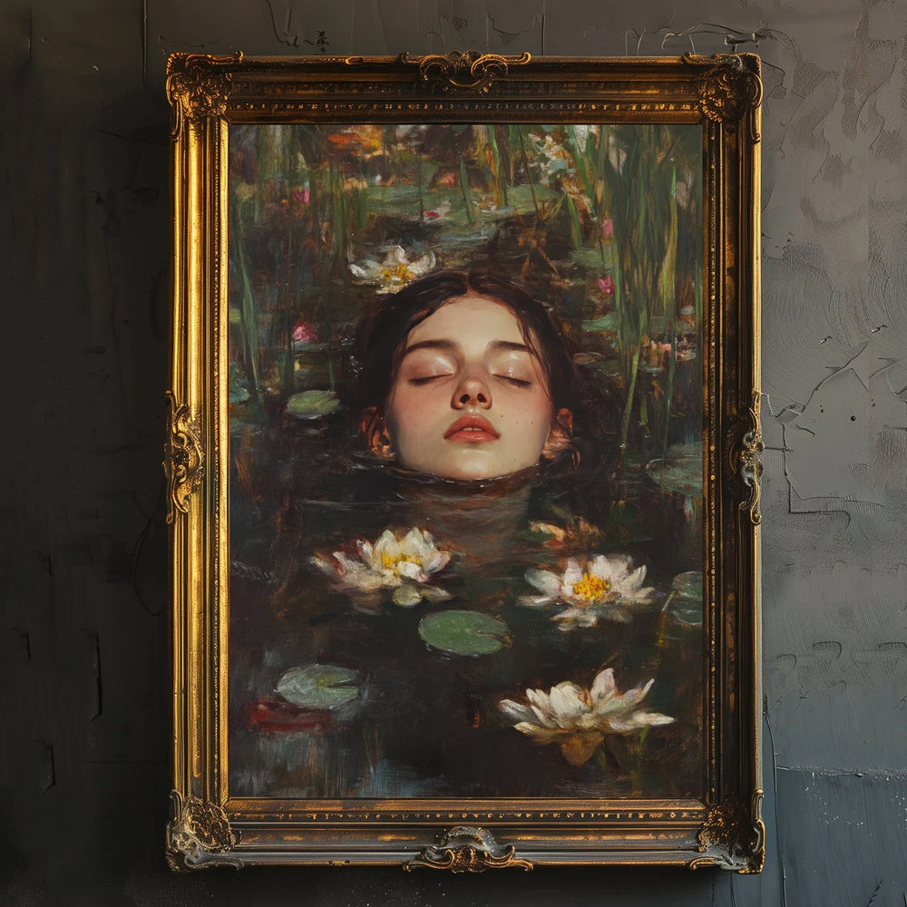 Ophelia Inspired Canvas Wall Art, Moody Woman and Water Lilies in a Victorian Gothic Style — artwork and room preview
