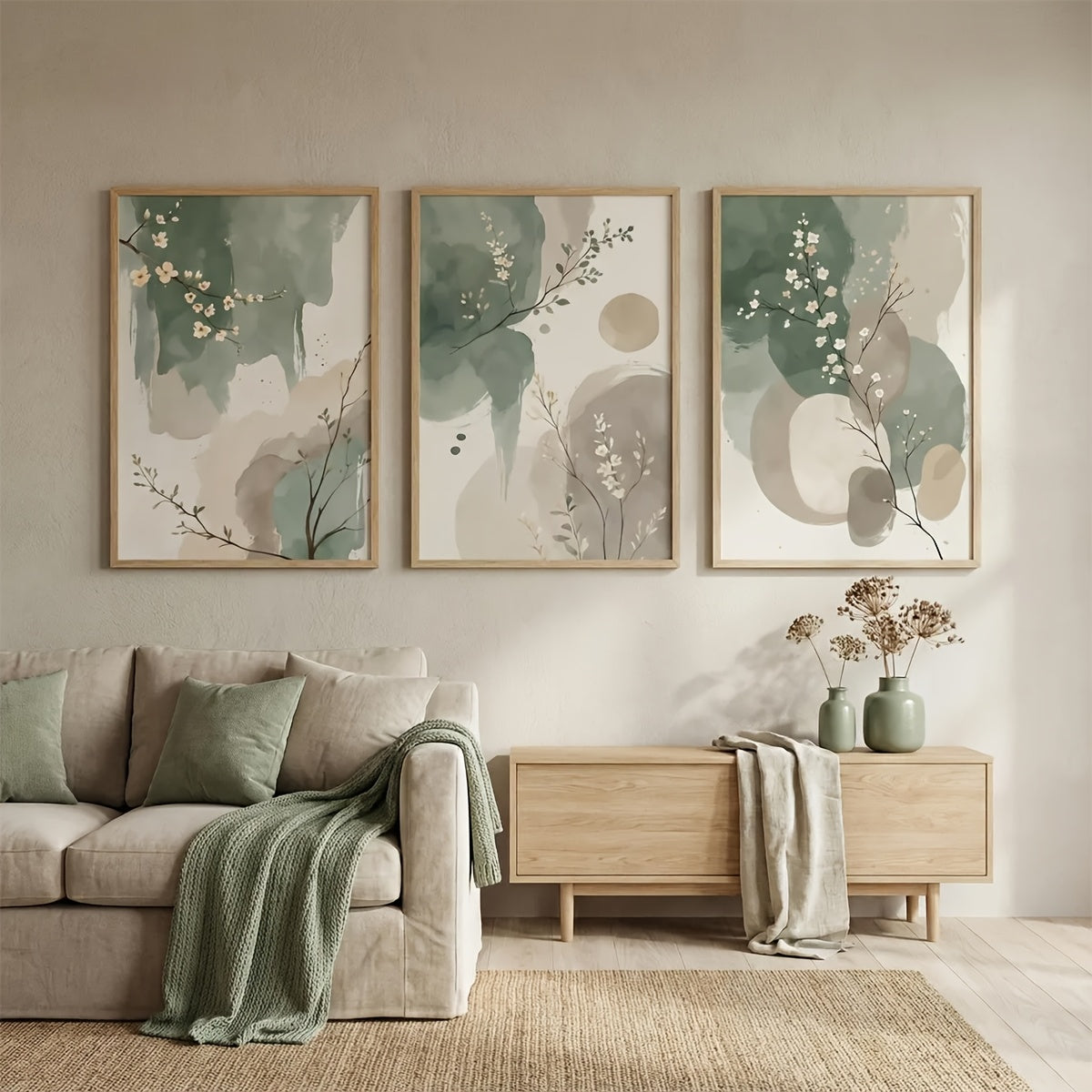 Japandi Botanical Canvas Wall Art Set of 3, Sage Green and Beige Abstract Watercolor Leaves — artwork and room preview