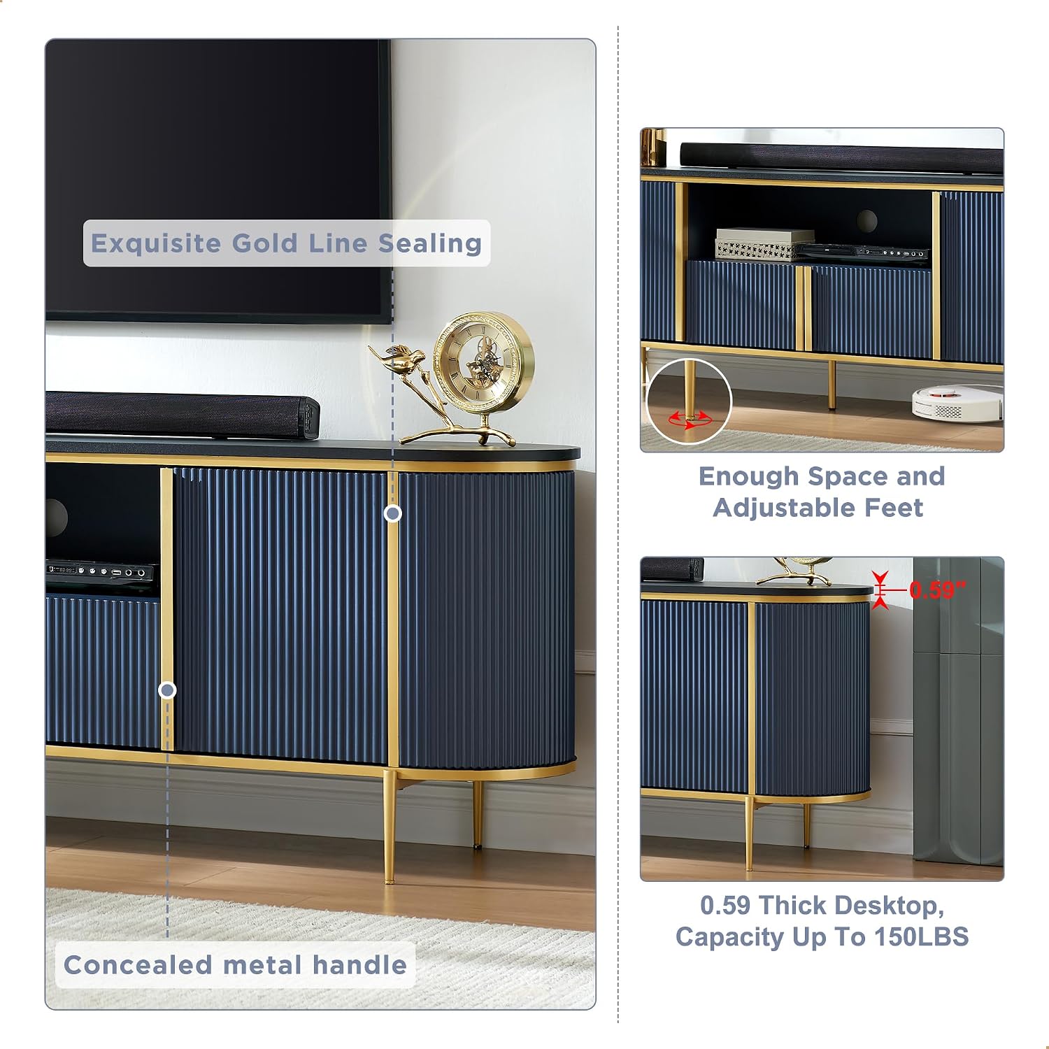 OKD Luxury 70" Fluted TV Stand, Modern Entertainment Center for TVs Up to 80 inches, TV Console with Faux Marble Top, Curved Profile Design, Media Console for Living Room, Navy Blue