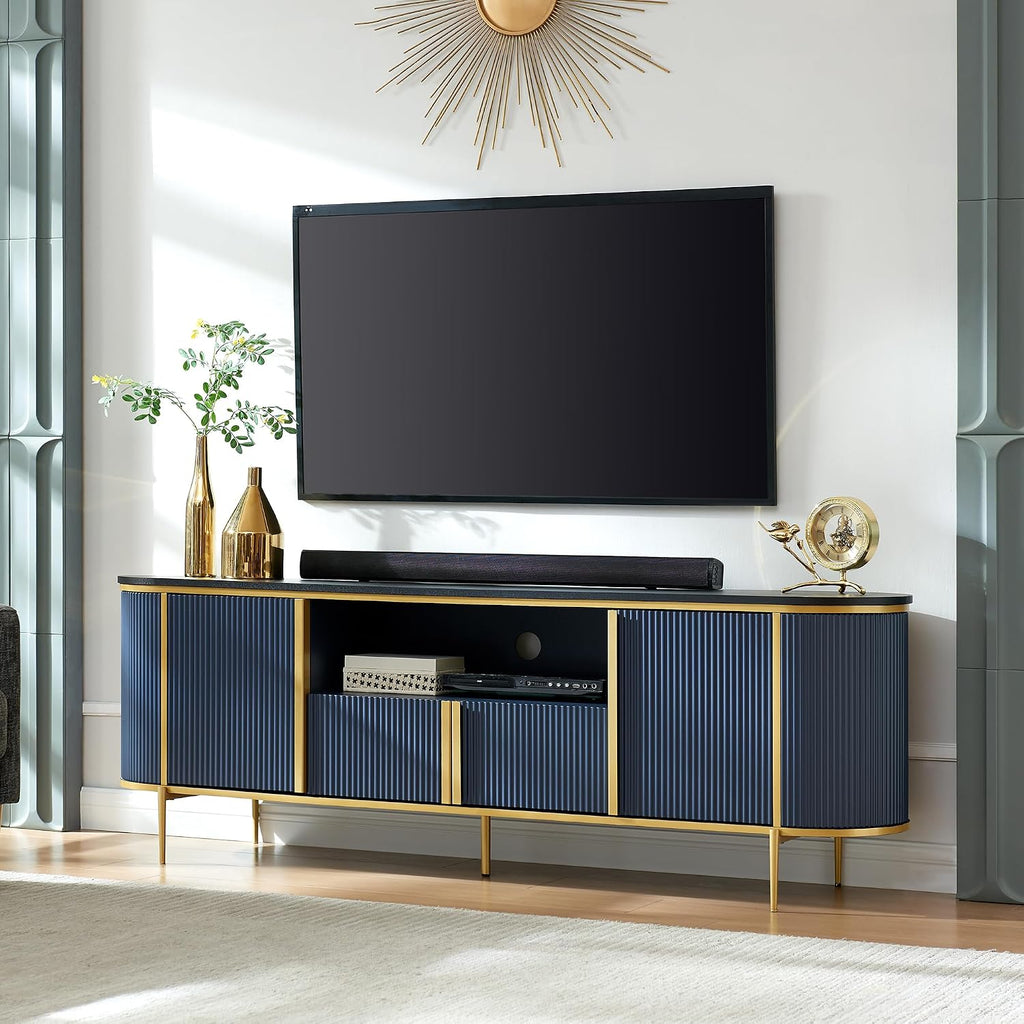 OKD Luxury 70" Fluted TV Stand, Modern Entertainment Center for TVs Up to 80 inches, TV Console with Faux Marble Top, Curved Profile Design, Media Console for Living Room, Navy Blue