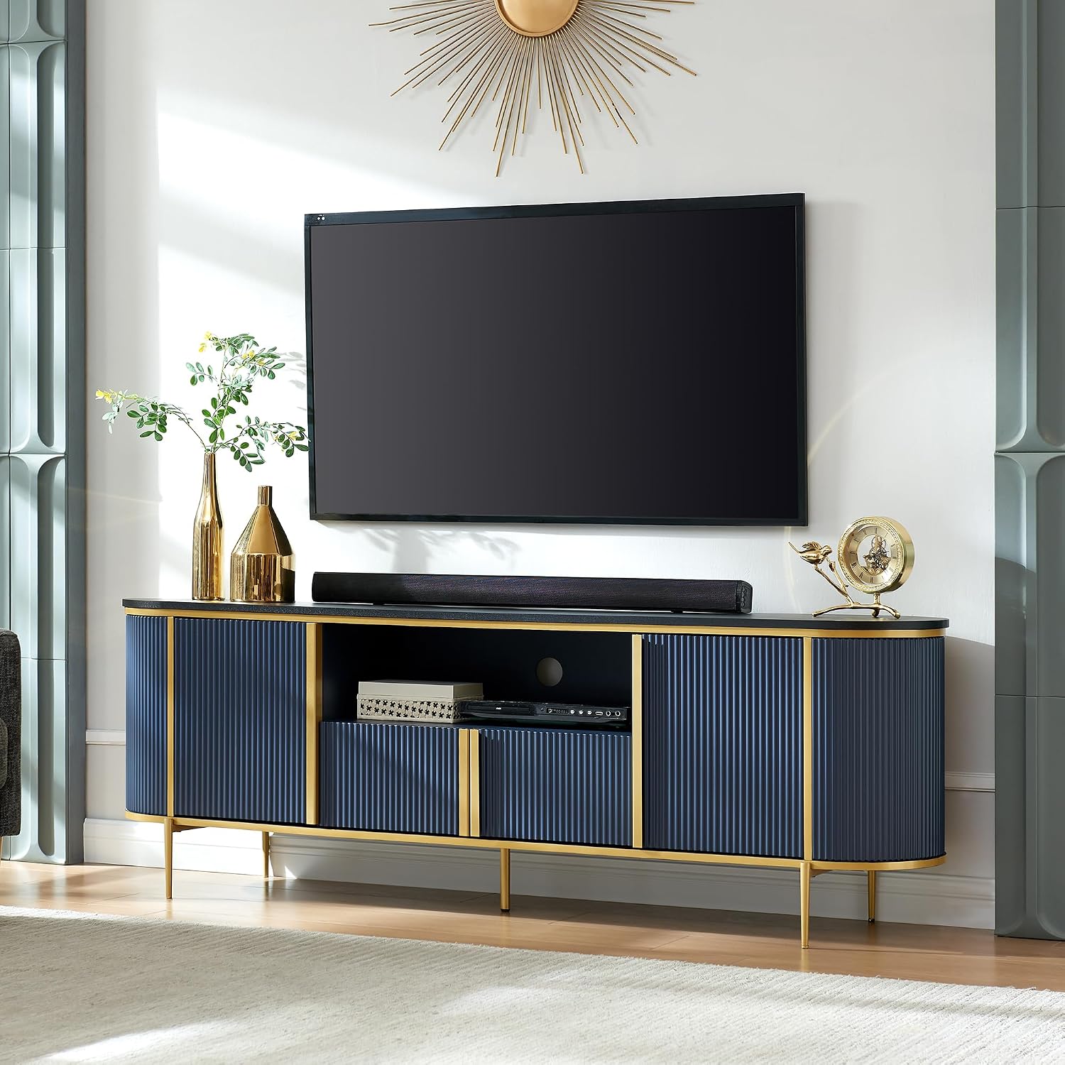 OKD Luxury 70" Fluted TV Stand, Modern Entertainment Center for TVs Up to 80 inches, TV Console with Faux Marble Top, Curved Profile Design, Media Console for Living Room, Navy Blue