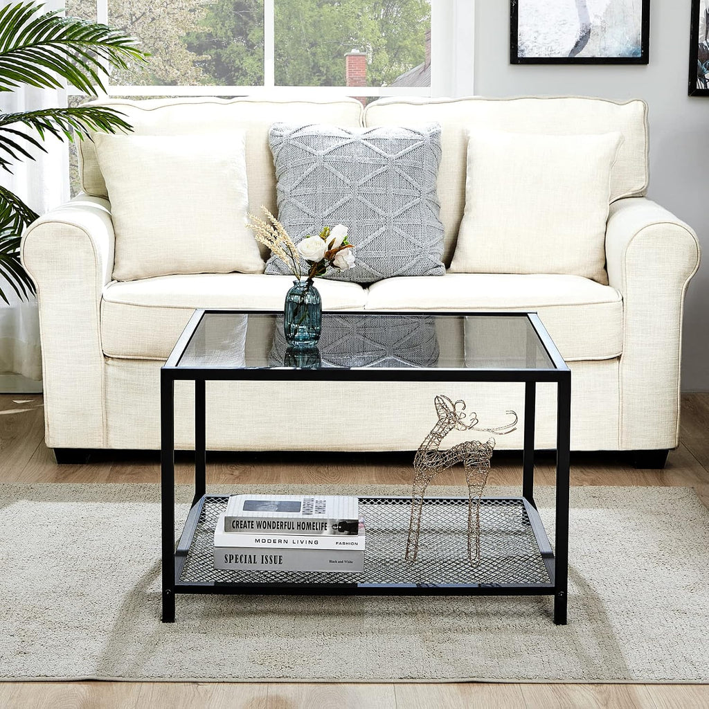 SAYGOER Glass Coffee Table, Small Modern Coffee Table Square Simple Center Tables for Living Room 26.7 x 26.7 x 15.7 Inches, Gray Black