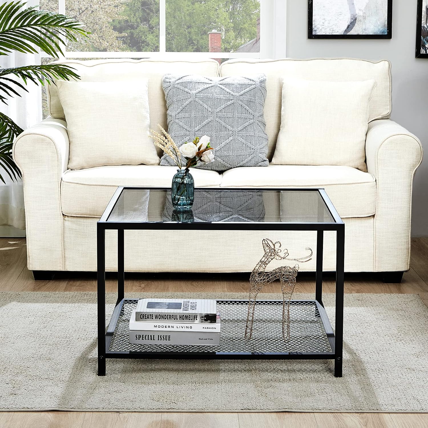 SAYGOER Glass Coffee Table, Small Modern Coffee Table Square Simple Center Tables for Living Room 26.7 x 26.7 x 15.7 Inches, Gray Black