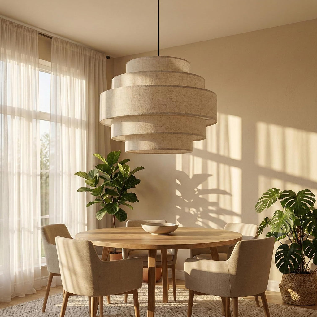 13 in Five-Tier Linen Drum Pendant Light – Beige – image 8