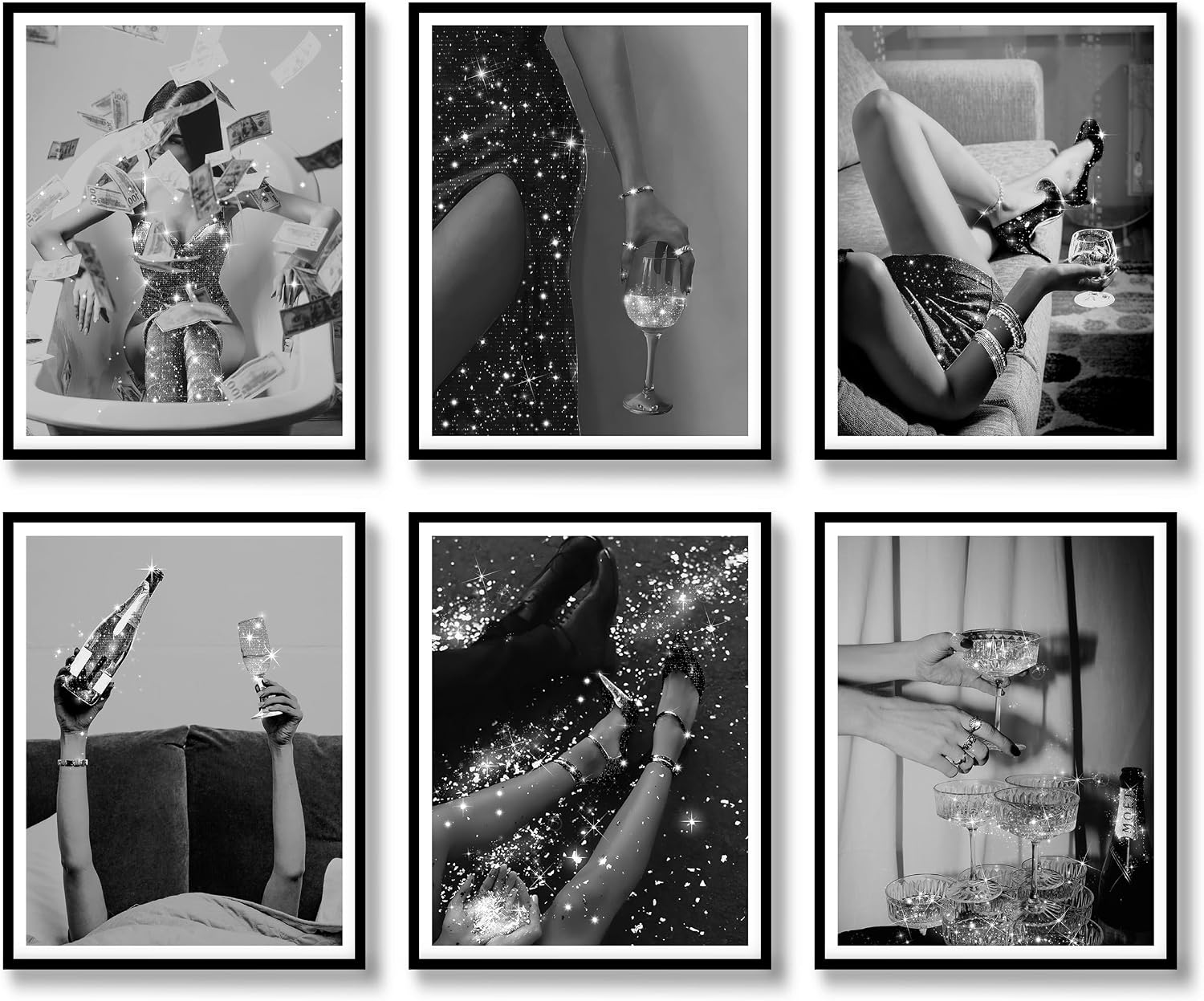 Fashion Wall Art Prints Set of 6 Feminist Black and White Glam Posters Retro Luxury Modern Women Champagne Mirror Ball Canvas Wall Decor for Living Room Bedroom (B, 8"x10" UNFRAMED)