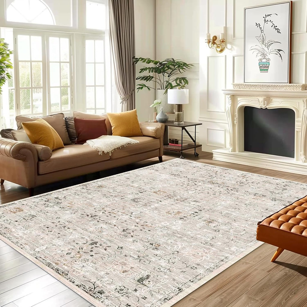 Area Rug 8x10 Machine Washable Vintage Distressed Print Ultra-Thin Chenille Bedroom Living Room Accent Rug, Low Pile Lightweight Non Slip with Gripper, Sage/Charcoal