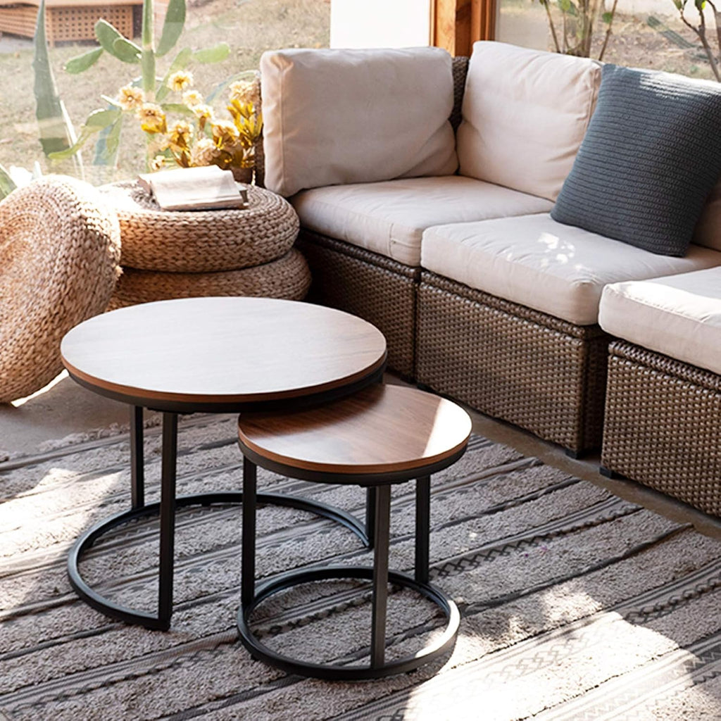 aboxoo Coffee Table Nesting White Set of 2 Side Set Golden Frame Circular Round and Marble Pattern Wooden Tables, Living Room Bedroom Apartment Modern Industrial Simple Nightstand