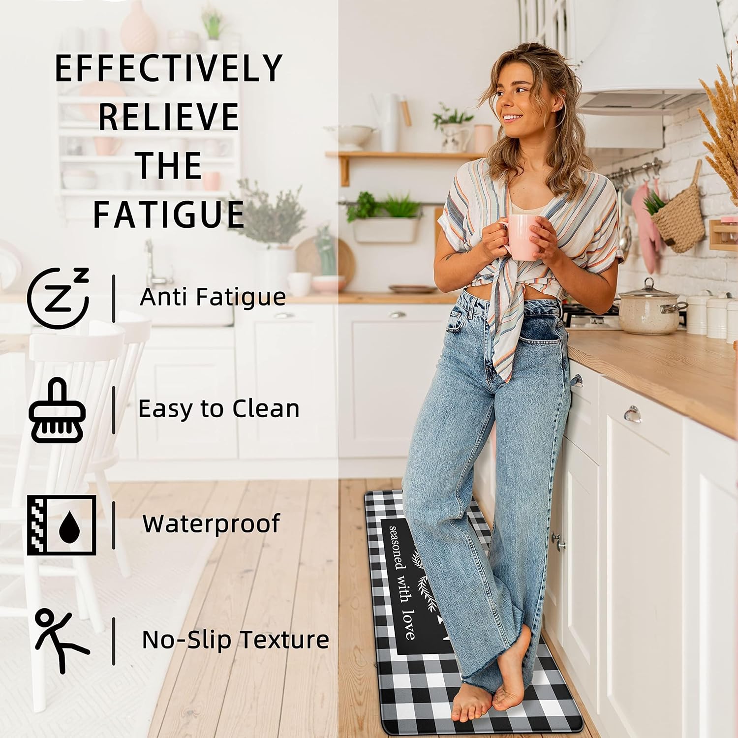 Black and White Buffalo Plaid Kitchen Rugs, Set of 2 Farmhouse Kitchen Quotes Checkered Kitchen Mats, Non-Skid Washable Anti Fatigue Comfort Standing Mats for Kitchen, Sink, 17.3x28+17.3x47 Inch