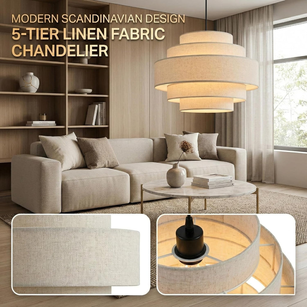 13 in Five-Tier Linen Drum Pendant Light – Beige – image 2