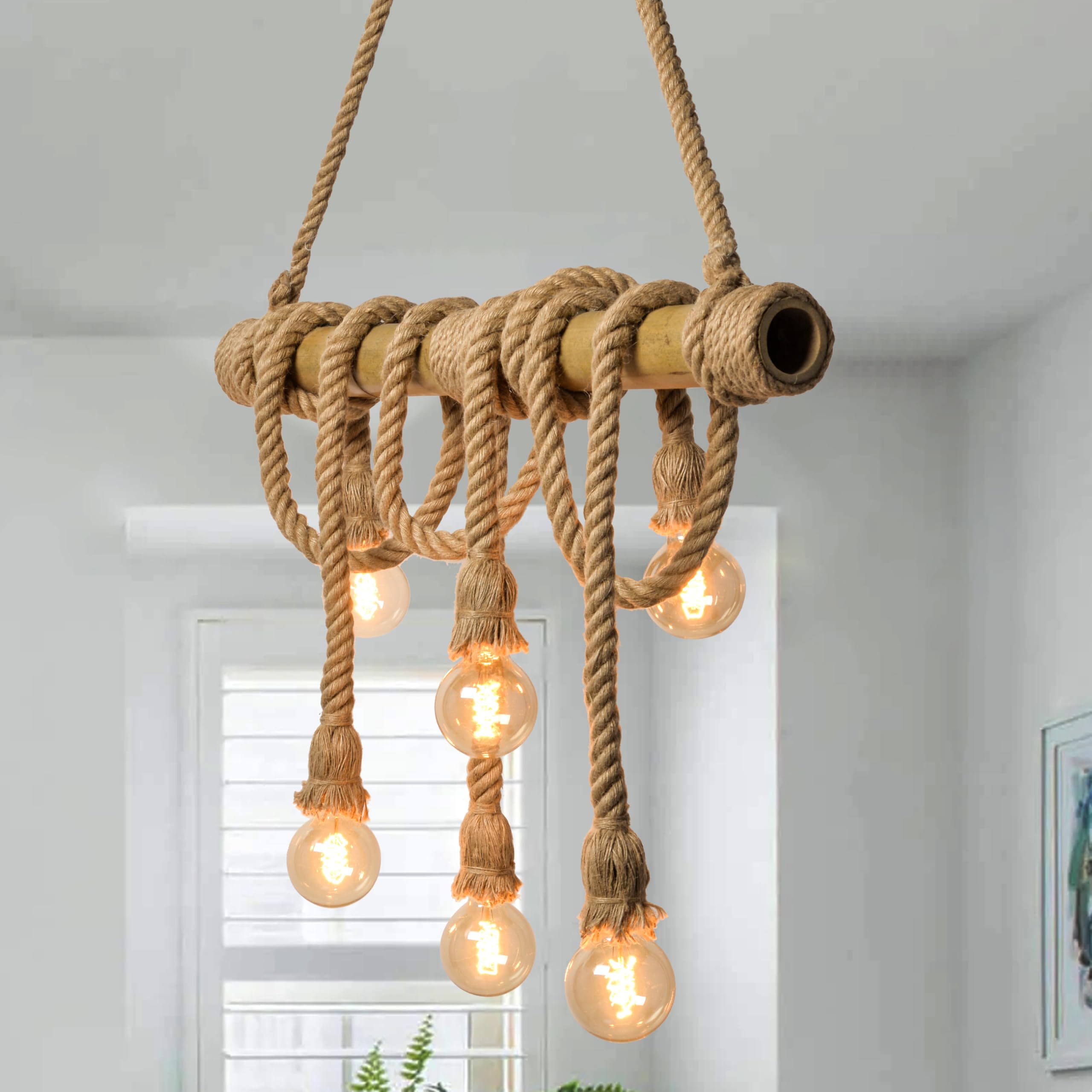 31.4 in 6-Light Bamboo & Rope Chandelier - TPPGpn