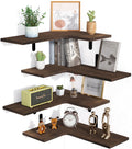 upsimples Corner Floating Wall Shelves Set of 4, Rustic Wood Shelves for Living Room, Bathroom, Bedroom, Kitchen Decor and Storage (Dark Brown)