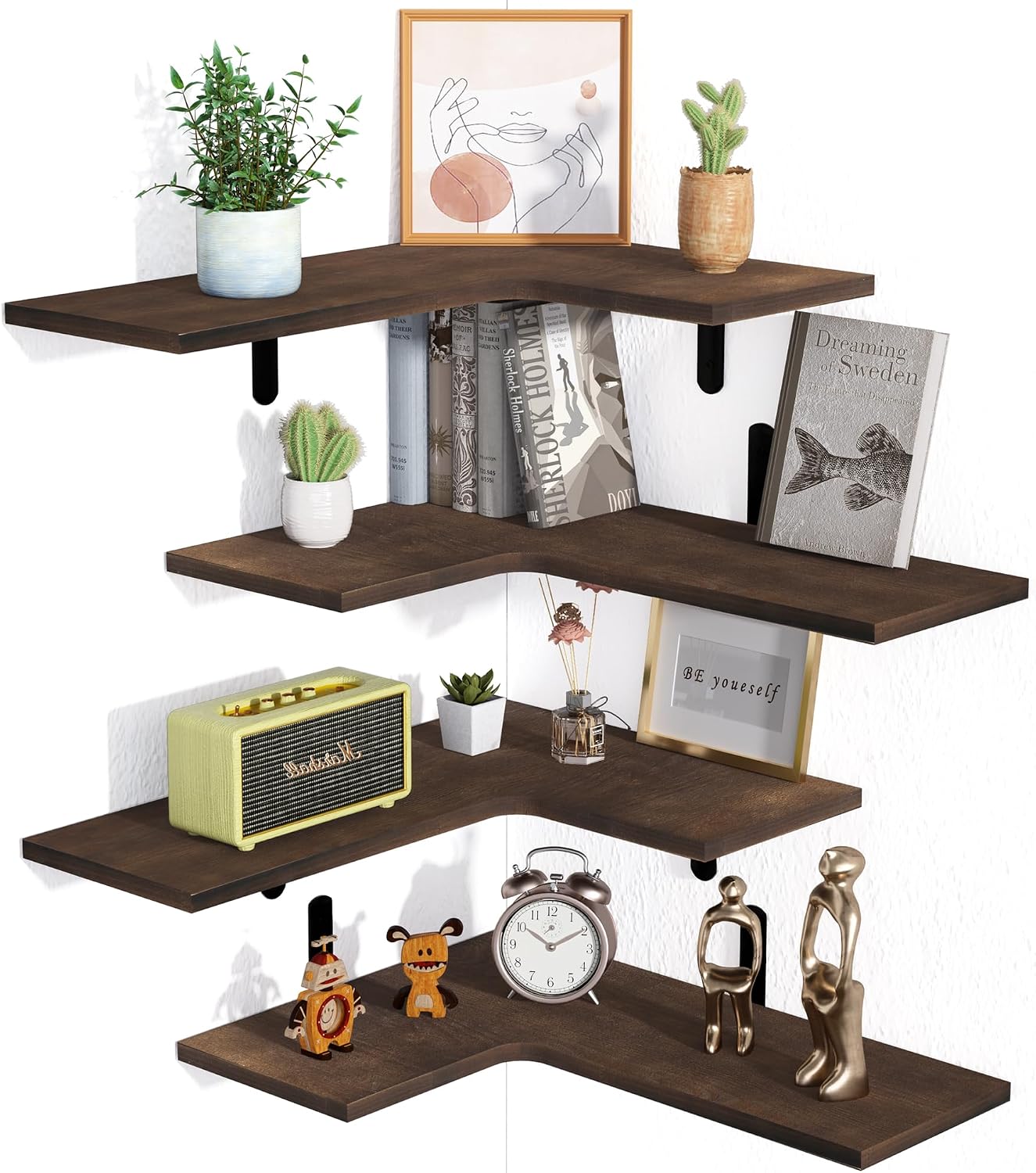 upsimples Corner Floating Wall Shelves Set of 4, Rustic Wood Shelves for Living Room, Bathroom, Bedroom, Kitchen Decor and Storage (Dark Brown)