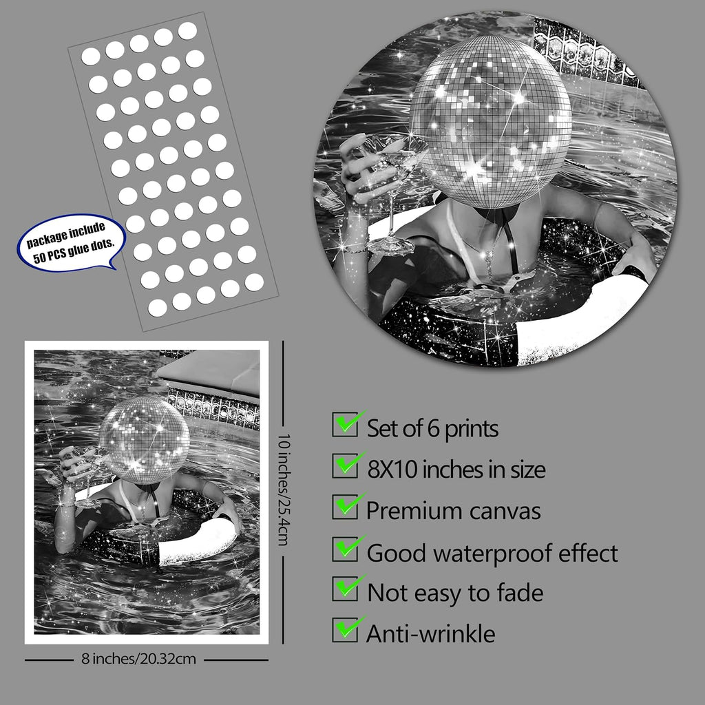 Fashion Wall Art Prints Set of 6 Feminist Black and White Glam Posters Retro Luxury Modern Women Champagne Mirror Ball Canvas Wall Decor for Living Room Bedroom (B, 8"x10" UNFRAMED)