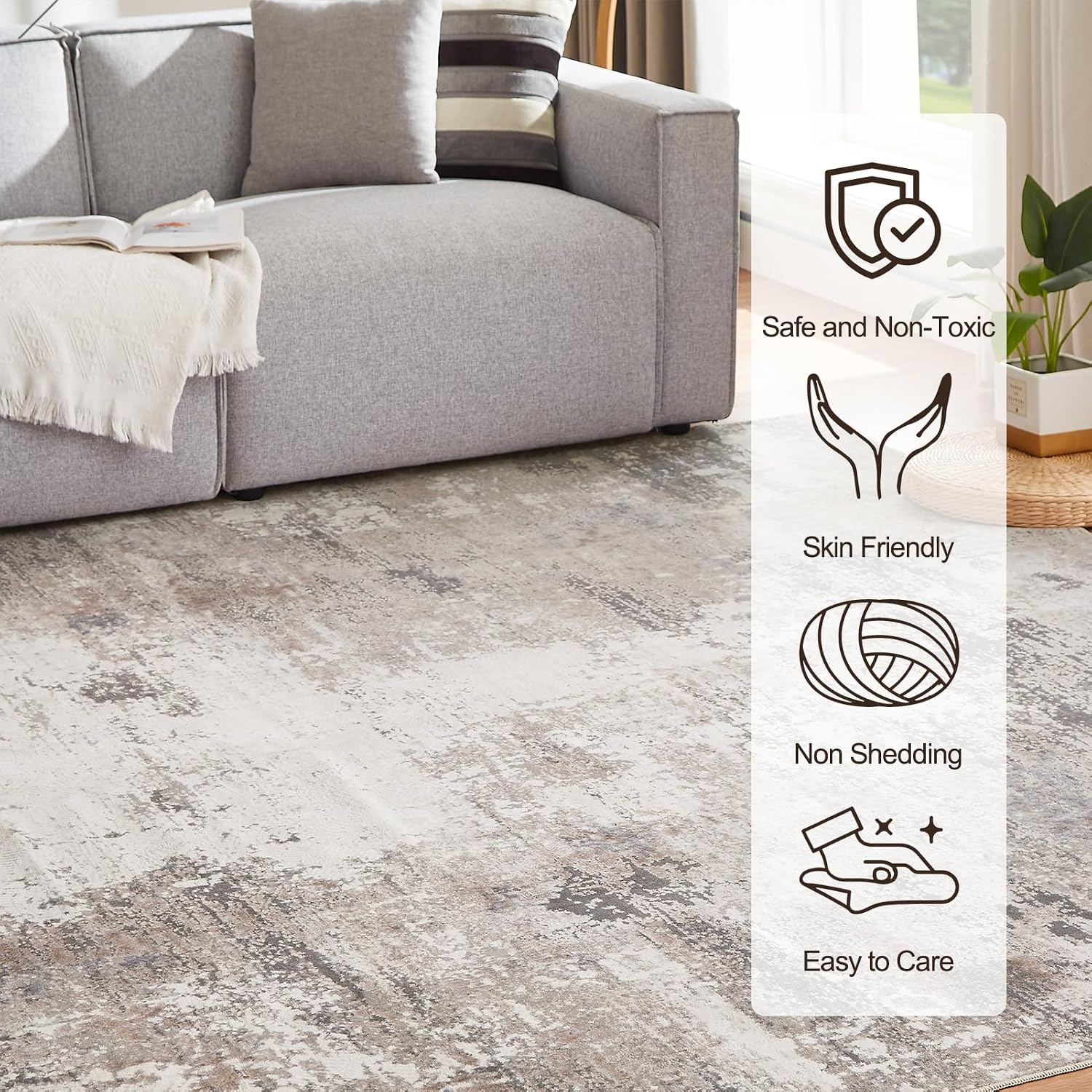 Machine Washable Rug 5'x7' Abstract Washable Area Rugs for Living Room Non Slip Rugs for Bedroom Modern Woven Rug Boho Rug Soft Carpet Kitchen Dining Rugs Home Decor Office Rug (Black)