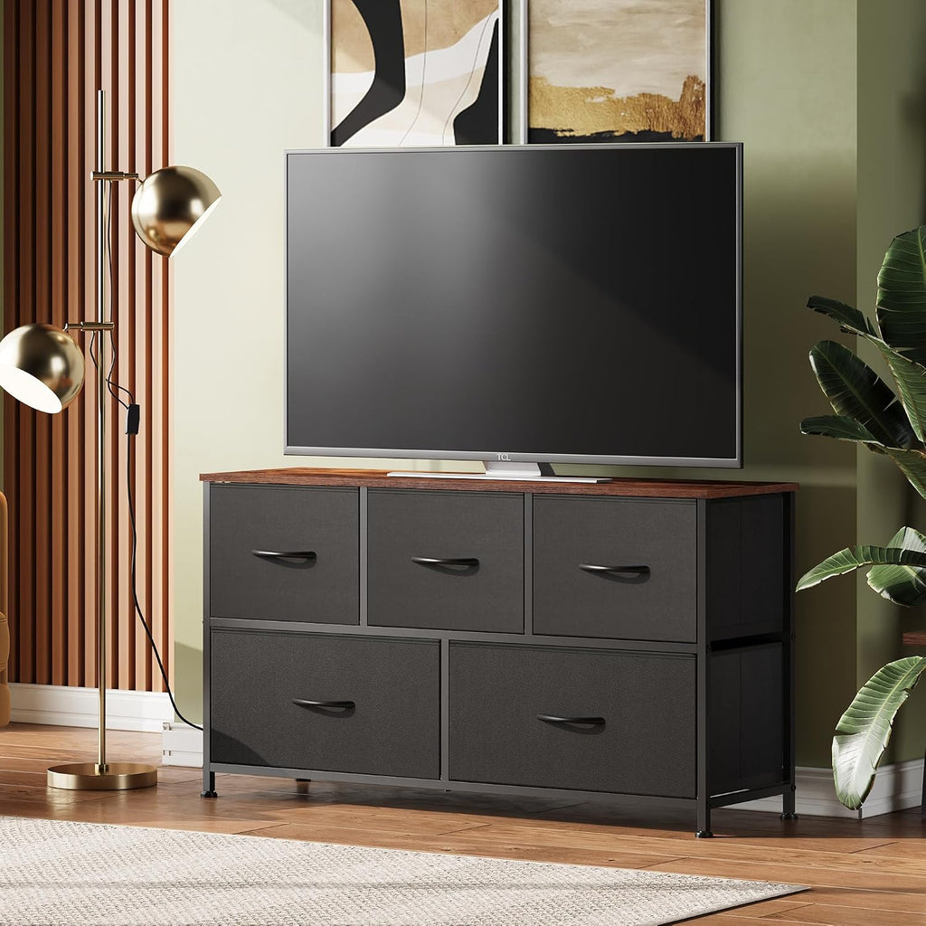 WLIVE Dresser for Bedroom with 5 Drawers, Wide Chest of Drawers, Fabric Dresser, Storage Organizer Unit with Fabric Bins for Closet, Living Room, Hallway, Rustic Brown Wood Grain Print