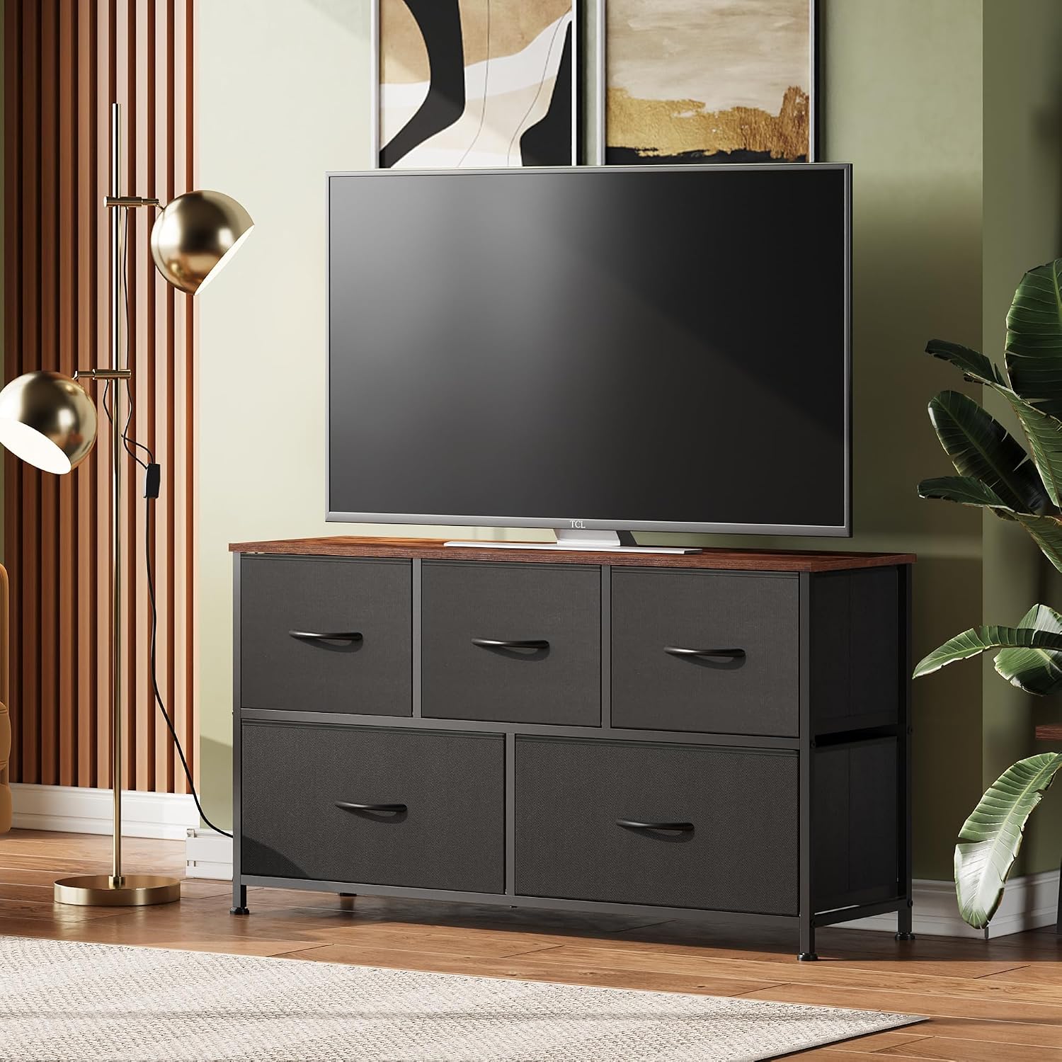 WLIVE Dresser for Bedroom with 5 Drawers, Wide Chest of Drawers, Fabric Dresser, Storage Organizer Unit with Fabric Bins for Closet, Living Room, Hallway, Rustic Brown Wood Grain Print