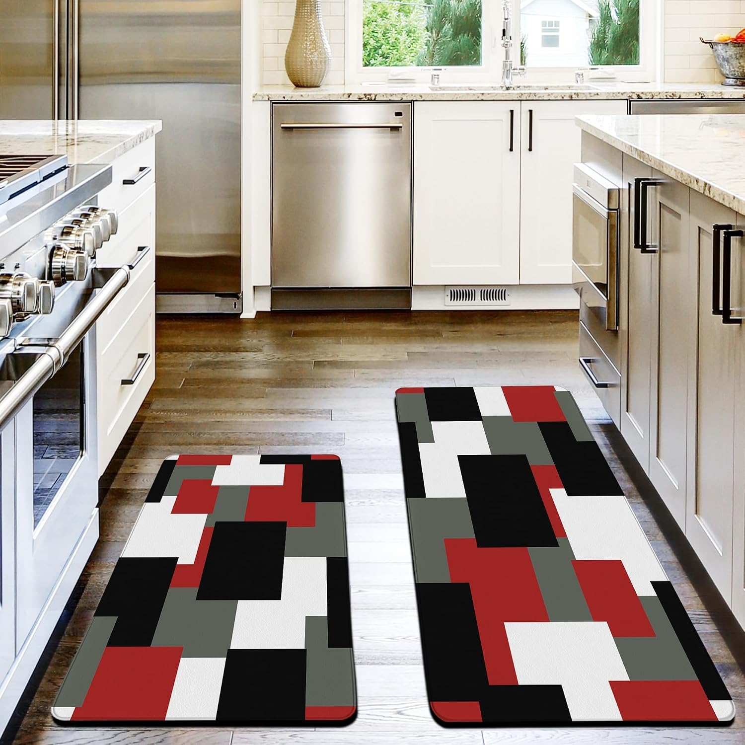 Black and White Buffalo Plaid Kitchen Rugs, Set of 2 Farmhouse Kitchen Quotes Checkered Kitchen Mats, Non-Skid Washable Anti Fatigue Comfort Standing Mats for Kitchen, Sink, 17.3x28+17.3x47 Inch