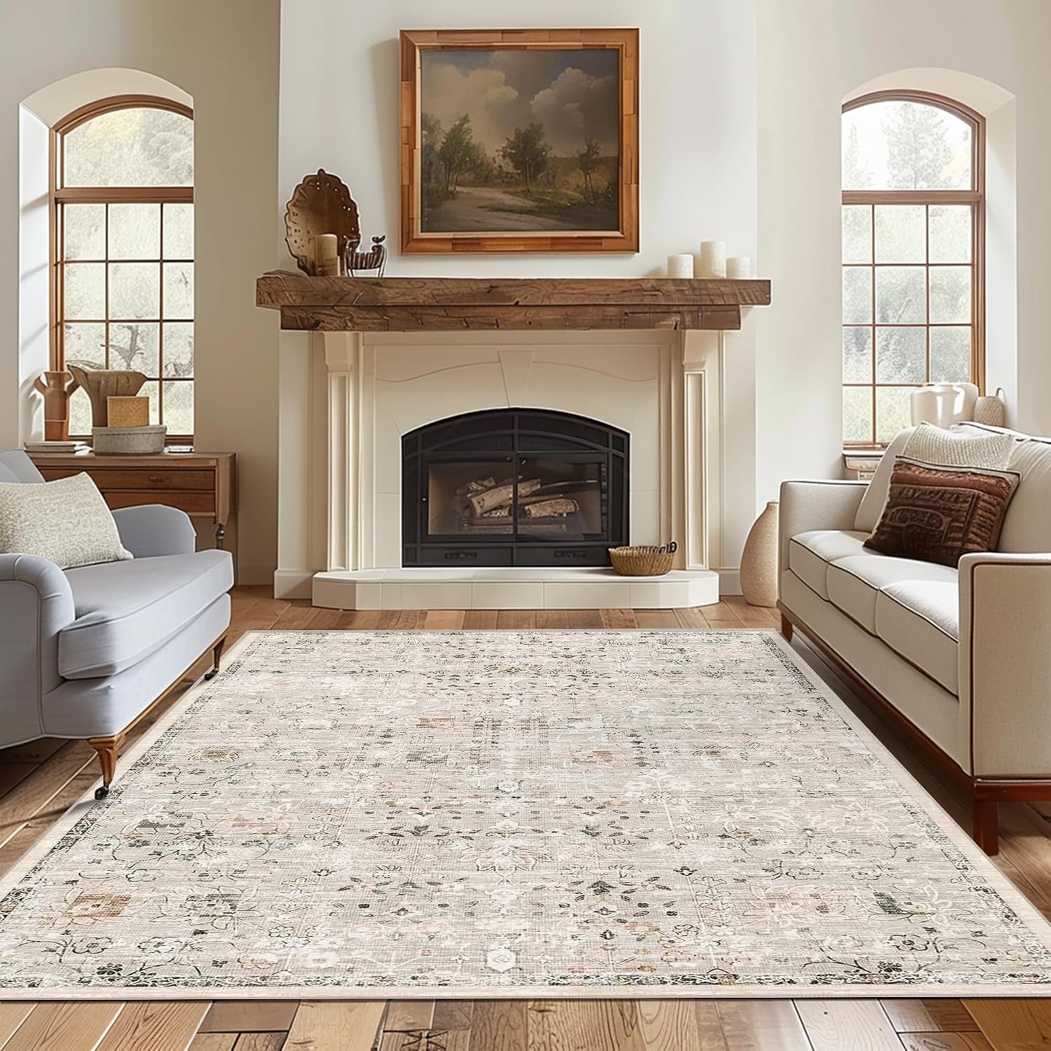 Area Rug 8x10 Machine Washable Vintage Distressed Print Ultra-Thin Chenille Bedroom Living Room Accent Rug, Low Pile Lightweight Non Slip with Gripper, Sage/Charcoal