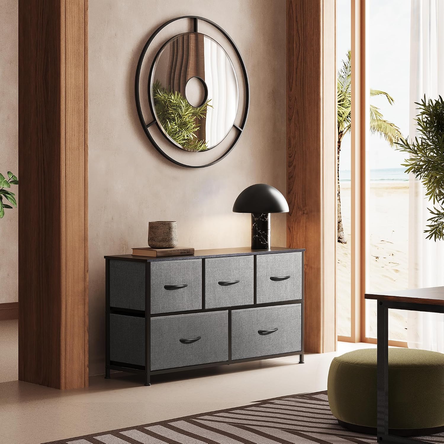 WLIVE Dresser for Bedroom with 5 Drawers, Wide Chest of Drawers, Fabric Dresser, Storage Organizer Unit with Fabric Bins for Closet, Living Room, Hallway, Rustic Brown Wood Grain Print