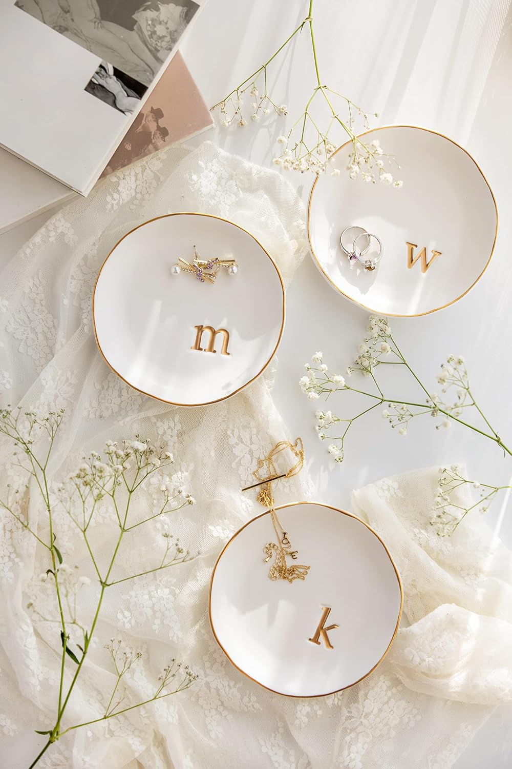 COLLECTIVE HOME - Ceramic Jewelry Tray, Decorative Trinket Dish for Rings Earrings Necklaces Bracelet Watch Keys, Birthday Mother's Day Christmas Gift for Women, 4.75", White Surface (M)