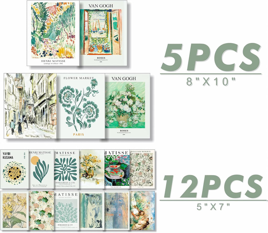 17 PCS Matisse Wall Prints for Bedroom, Sage Green Wall Art Decor, Matisse Wall Art Exhibition Posters, Wall Collage Kit Pictures for Living Room, Eclectic Boho Vintage Dorm Gallery Home Decor