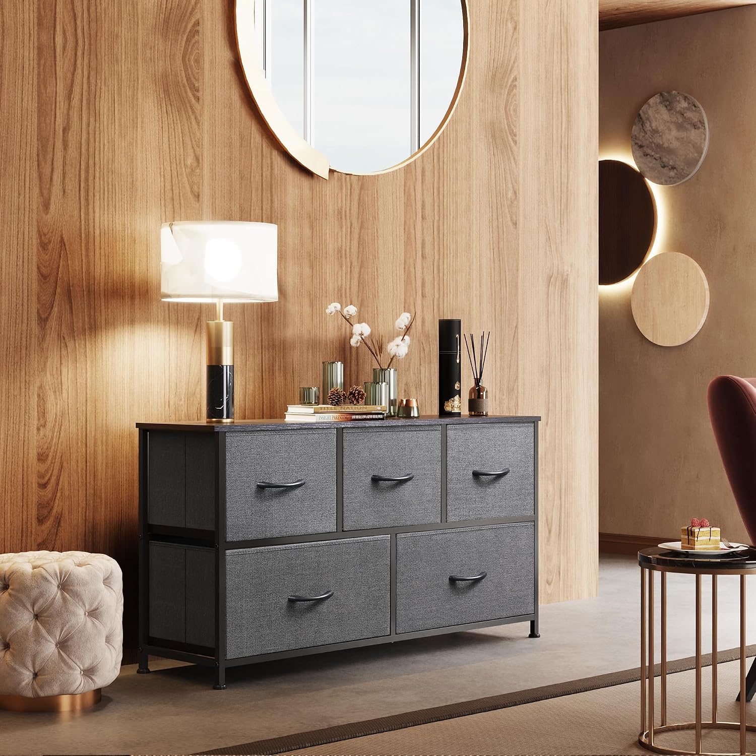 WLIVE Dresser for Bedroom with 5 Drawers, Wide Chest of Drawers, Fabric Dresser, Storage Organizer Unit with Fabric Bins for Closet, Living Room, Hallway, Rustic Brown Wood Grain Print