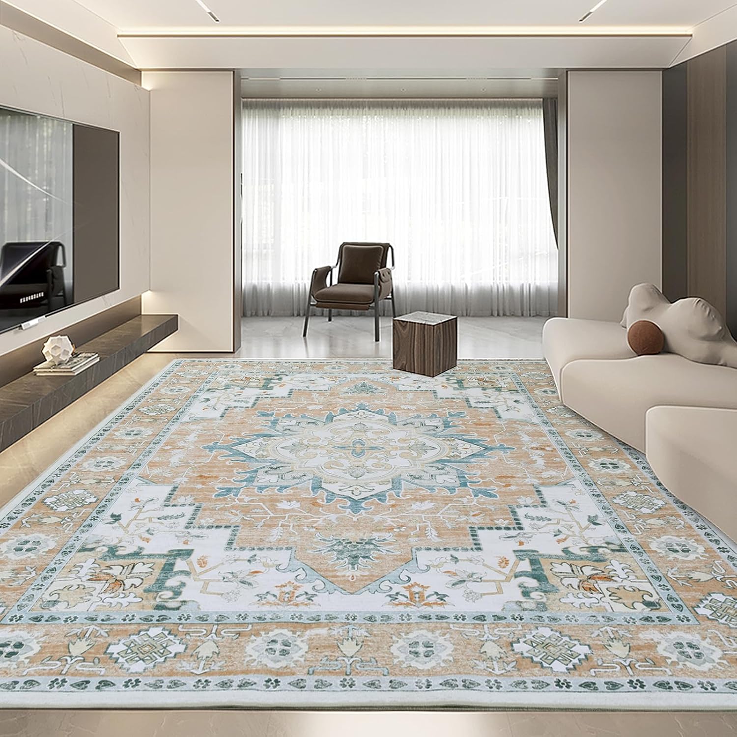 HOMBYS 10x14 Vintage Area Rug for Living Room Bedroom, Large Boho Floor Carpet with Non-Slip Backing for Indoor Office Dining Room, Traditional Home Deco Non-Shedding, Machine Washable