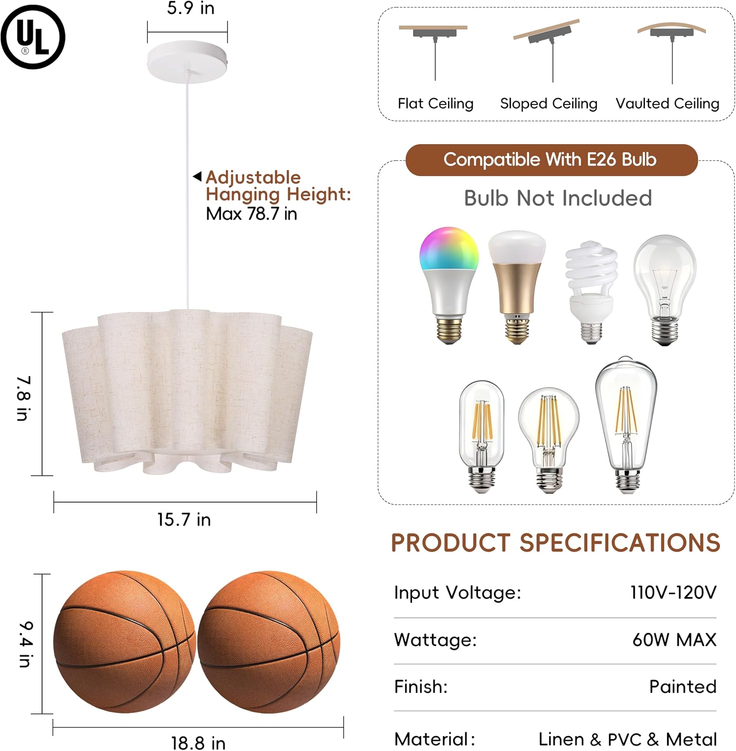 15.7 in Linen Petal Pendant Light – Beige – image 4