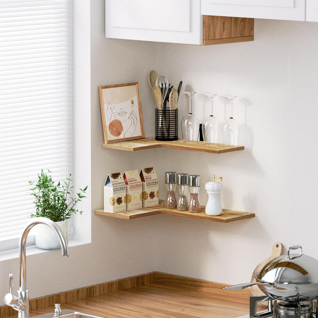 upsimples Corner Floating Wall Shelves Set of 4, Rustic Wood Shelves for Living Room, Bathroom, Bedroom, Kitchen Decor and Storage (Dark Brown)