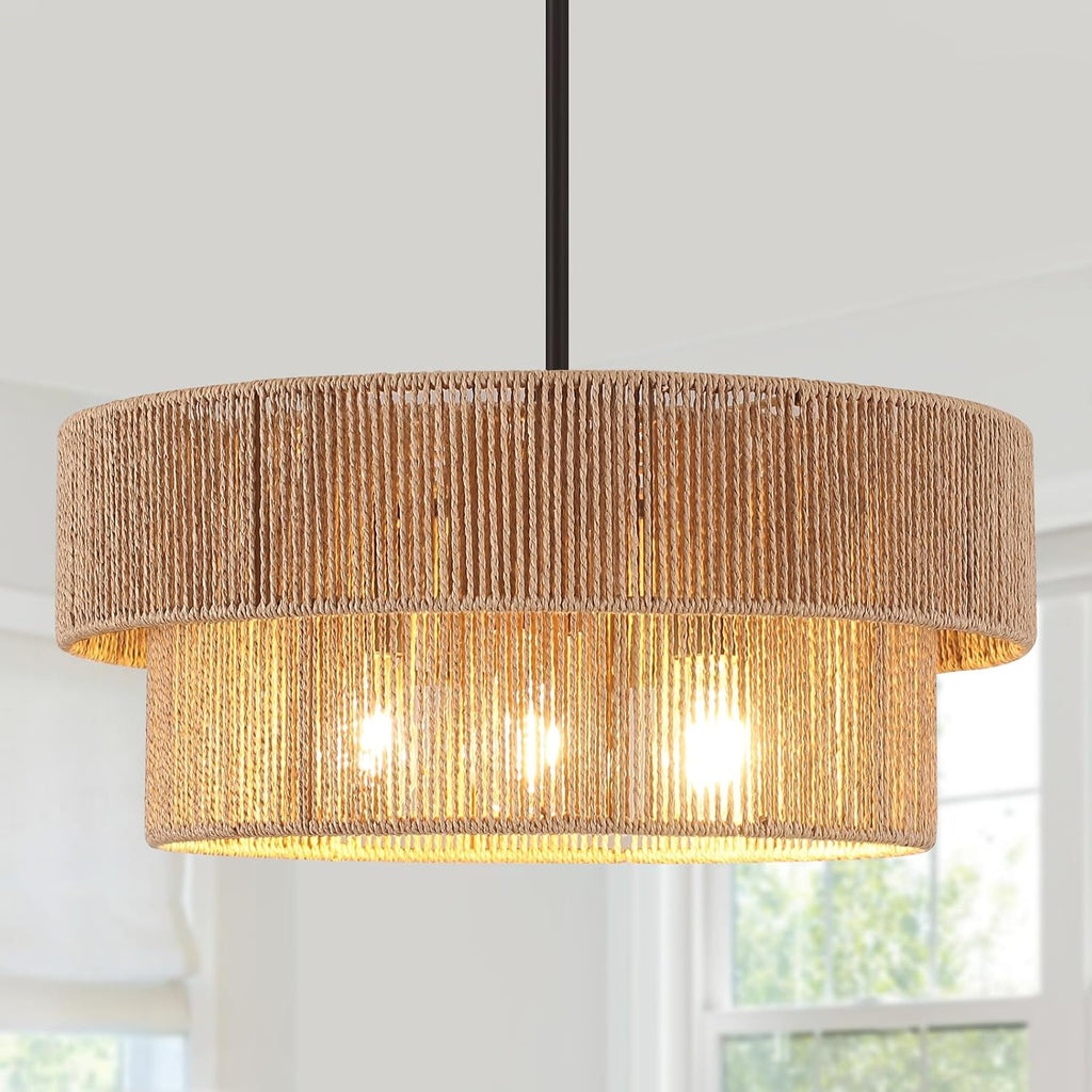 17.7 in Woven Rattan Boho Pendant Light – White – image 7