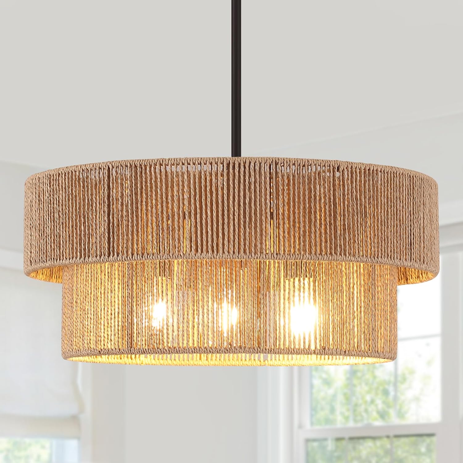 17.7 in Woven Rattan Boho Pendant Light – White – image 7