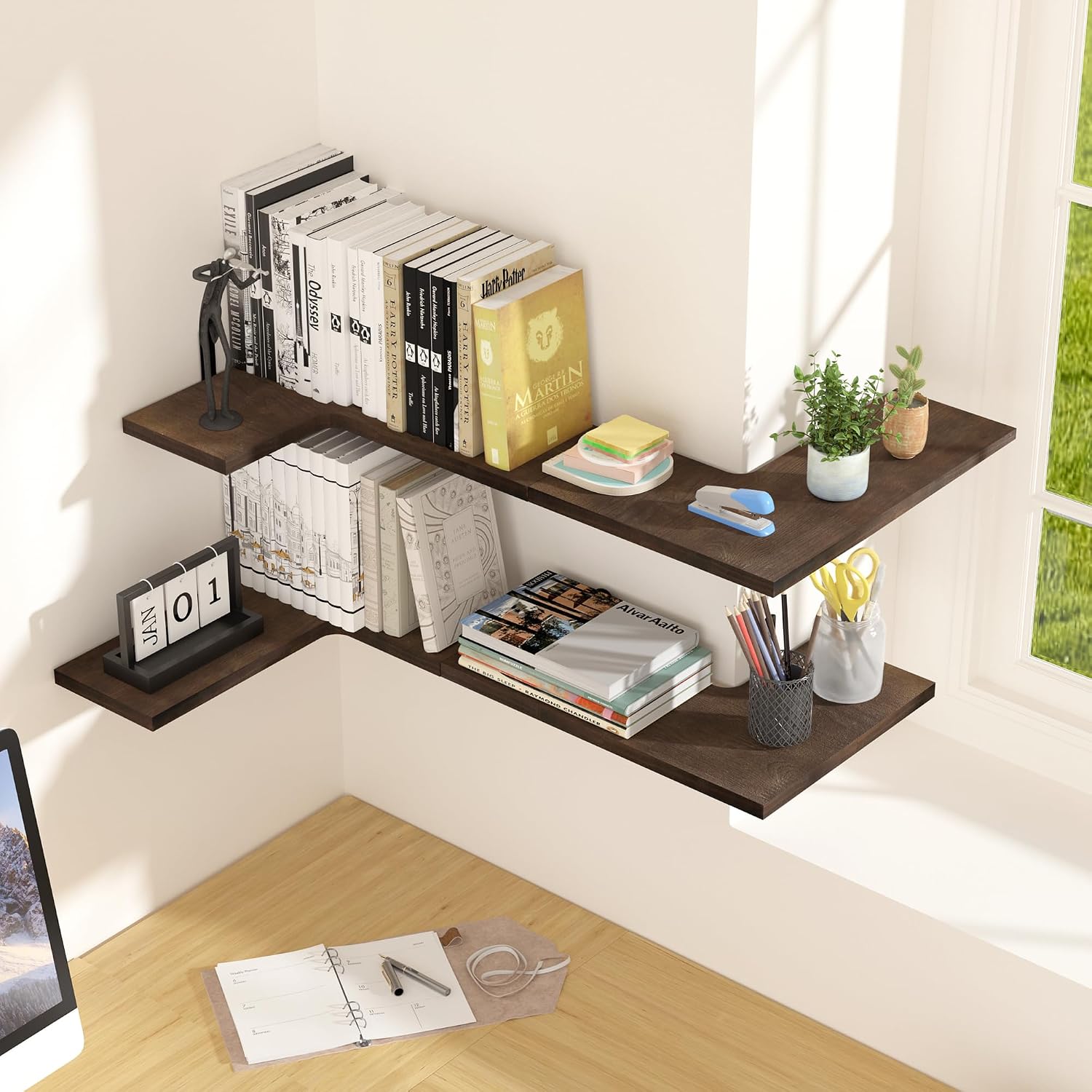 upsimples Corner Floating Wall Shelves Set of 4, Rustic Wood Shelves for Living Room, Bathroom, Bedroom, Kitchen Decor and Storage (Dark Brown)
