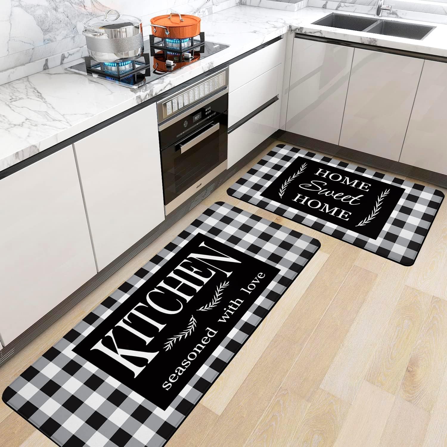 Black and White Buffalo Plaid Kitchen Rugs, Set of 2 Farmhouse Kitchen Quotes Checkered Kitchen Mats, Non-Skid Washable Anti Fatigue Comfort Standing Mats for Kitchen, Sink, 17.3x28+17.3x47 Inch