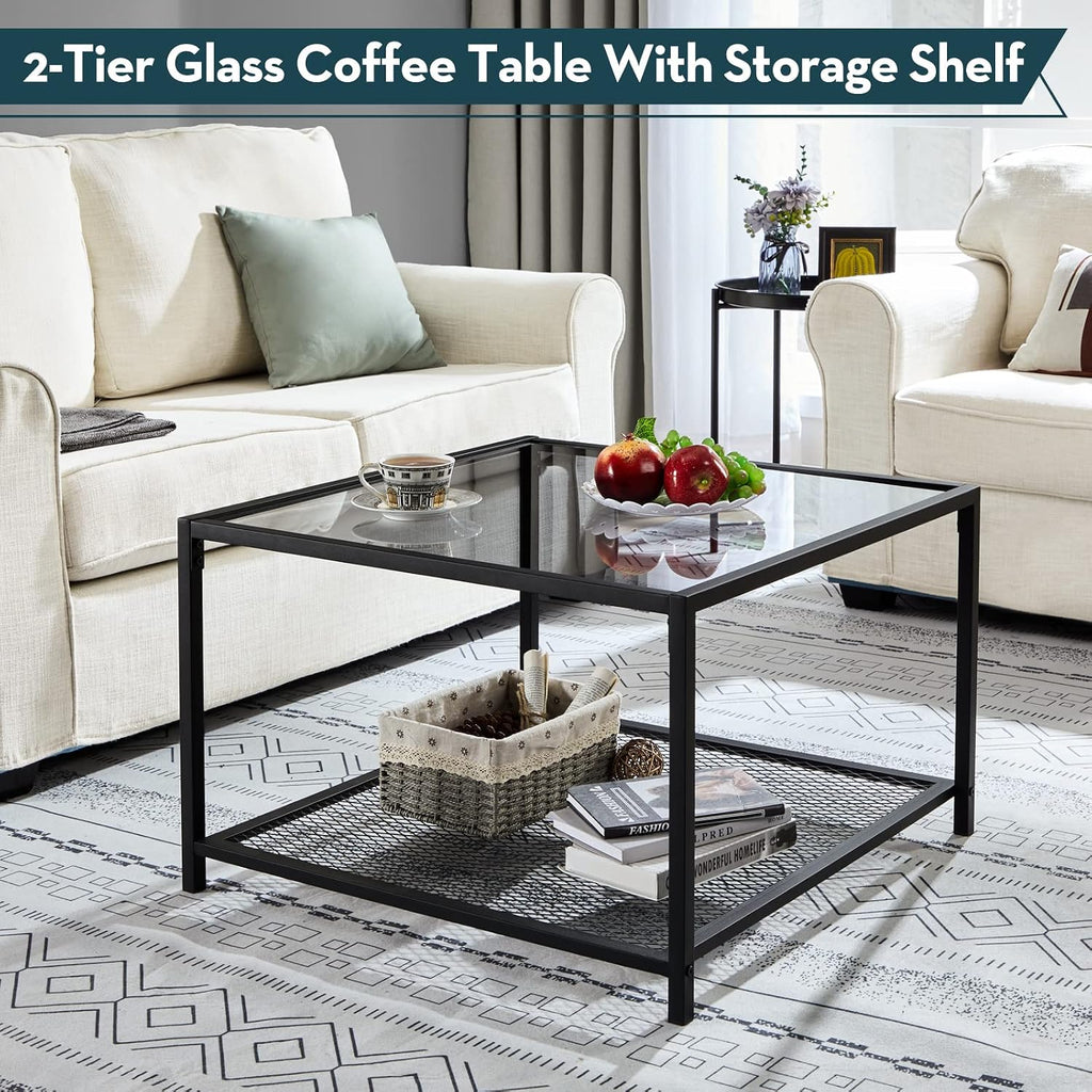 SAYGOER Glass Coffee Table, Small Modern Coffee Table Square Simple Center Tables for Living Room 26.7 x 26.7 x 15.7 Inches, Gray Black