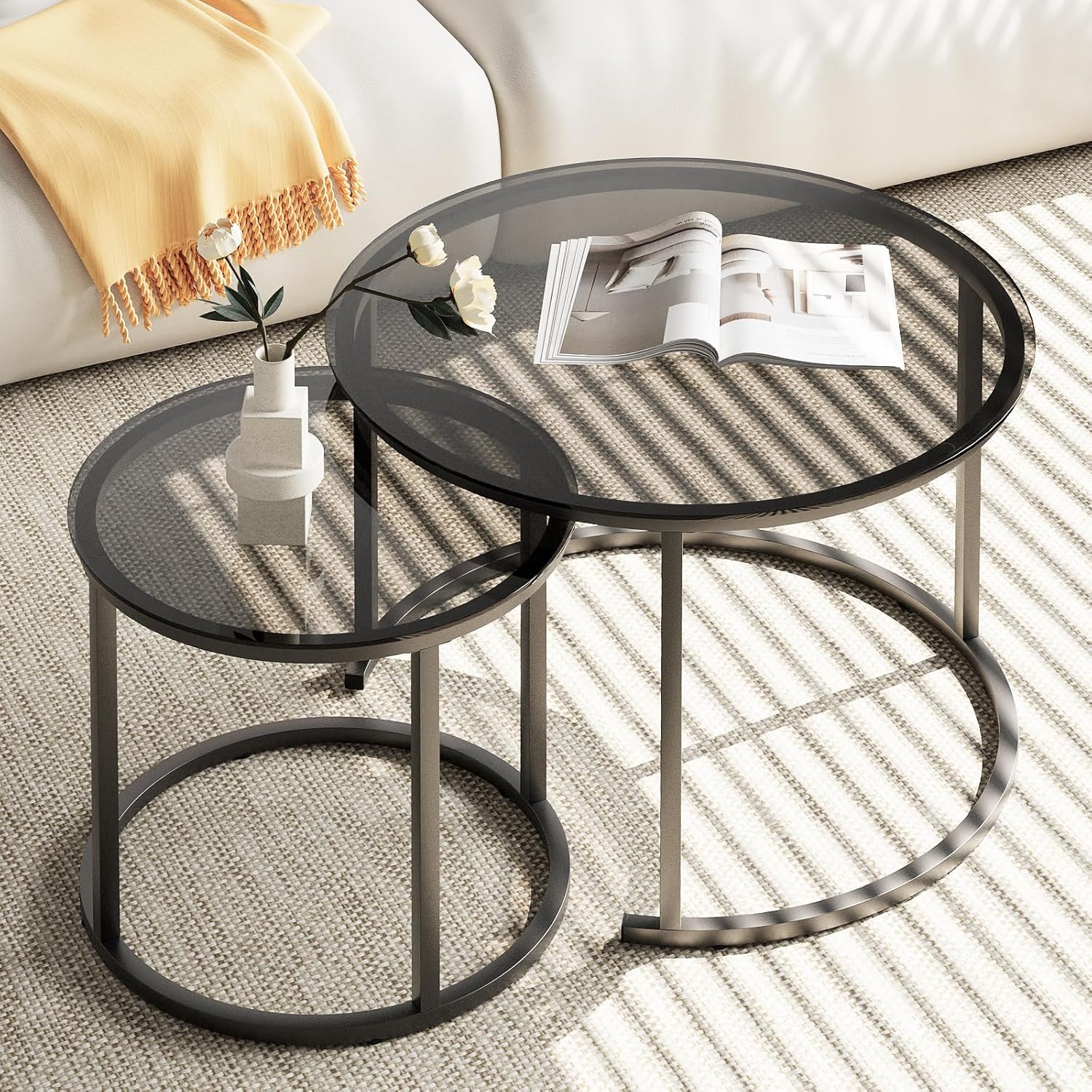 aboxoo Coffee Table Nesting White Set of 2 Side Set Golden Frame Circular Round and Marble Pattern Wooden Tables, Living Room Bedroom Apartment Modern Industrial Simple Nightstand