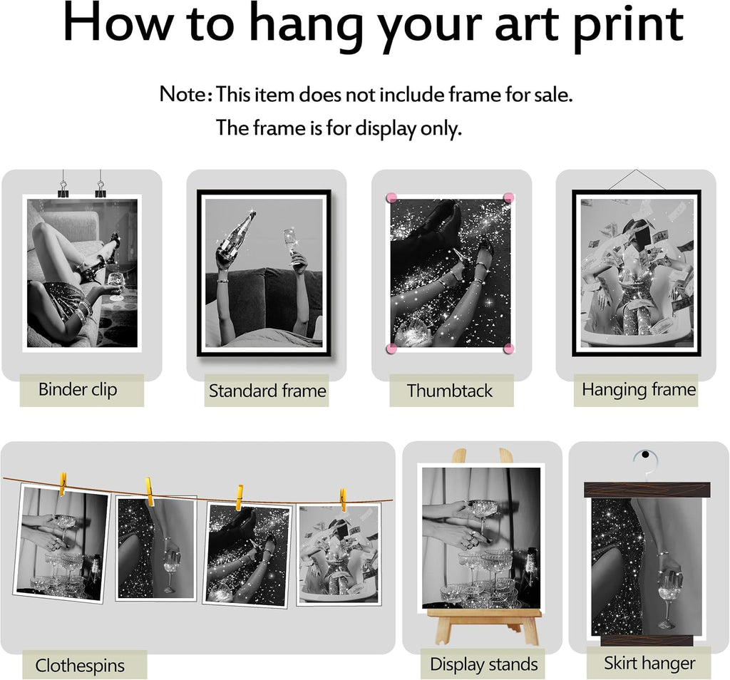 Fashion Wall Art Prints Set of 6 Feminist Black and White Glam Posters Retro Luxury Modern Women Champagne Mirror Ball Canvas Wall Decor for Living Room Bedroom (B, 8"x10" UNFRAMED)