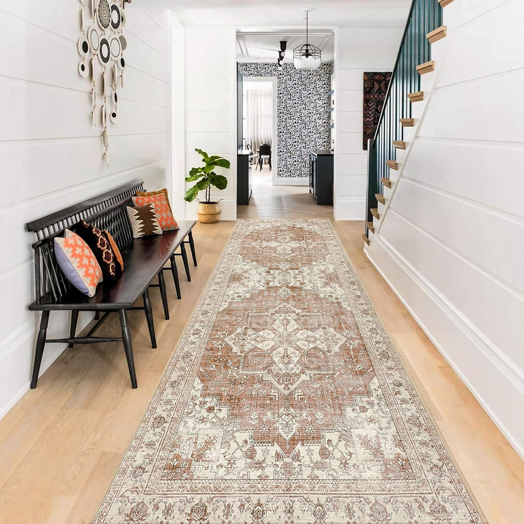 Area Rug 8x10 Machine Washable Vintage Distressed Print Ultra-Thin Chenille Bedroom Living Room Accent Rug, Low Pile Lightweight Non Slip with Gripper, Sage/Charcoal